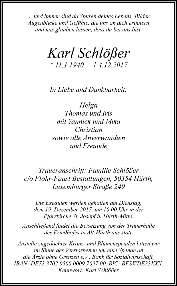  Traueranzeige für Karl Schlößer vom 16.12.2017 aus Kölner Stadt-Anzeiger / Kölnische Rundschau / Express