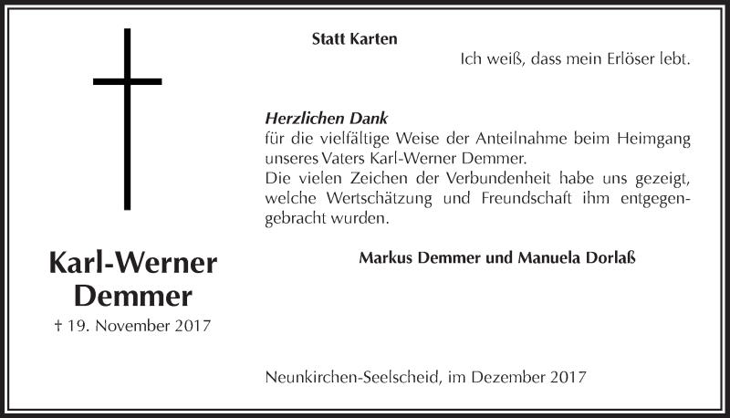  Traueranzeige für Karl-Werner Demmer vom 13.12.2017 aus  Lokalanzeiger 