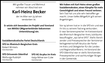 Anzeige von Karl Heinz Becker von Kölner Stadt-Anzeiger / Kölnische Rundschau / Express