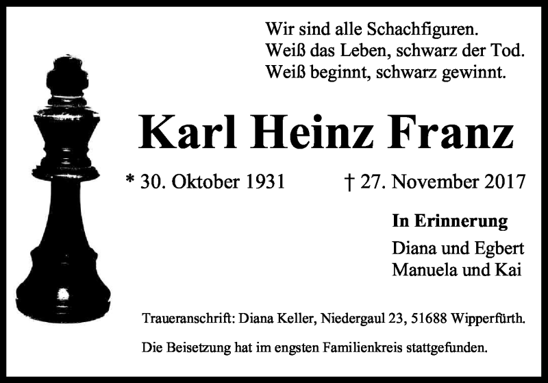  Traueranzeige für Karl Heinz Franz vom 12.12.2017 aus Kölner Stadt-Anzeiger / Kölnische Rundschau / Express