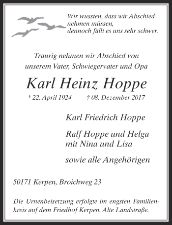 Anzeige von Karl Heinz Hoppe von  Werbepost 