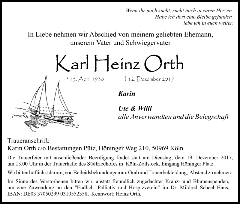  Traueranzeige für Karl Heinz Orth vom 16.12.2017 aus Kölner Stadt-Anzeiger / Kölnische Rundschau / Express