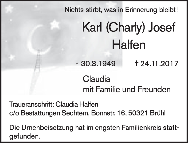  Traueranzeige für Karl Josef Halfen vom 13.12.2017 aus  Schlossbote/Werbekurier 