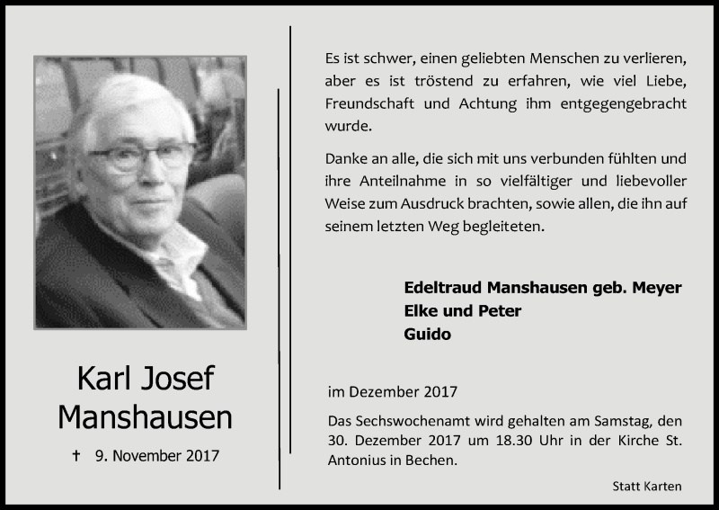  Traueranzeige für Karl Josef Manshausen vom 20.12.2017 aus Kölner Stadt-Anzeiger / Kölnische Rundschau / Express