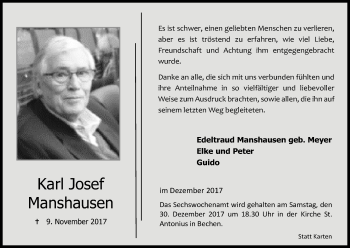 Anzeige von Karl Josef Manshausen von Kölner Stadt-Anzeiger / Kölnische Rundschau / Express