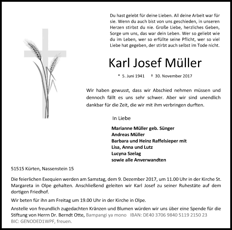  Traueranzeige für Karl Josef Müller vom 02.12.2017 aus Kölner Stadt-Anzeiger / Kölnische Rundschau / Express