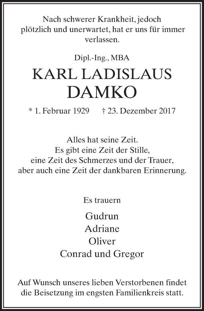  Traueranzeige für Karl Ladislaus Damko vom 30.12.2017 aus  Sonntags-Post 