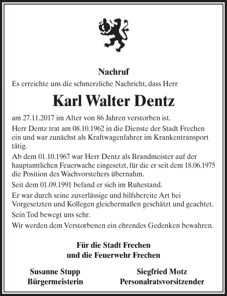 Traueranzeige für Karl Walter Dentz vom 16.12.2017 aus  Sonntags-Post 