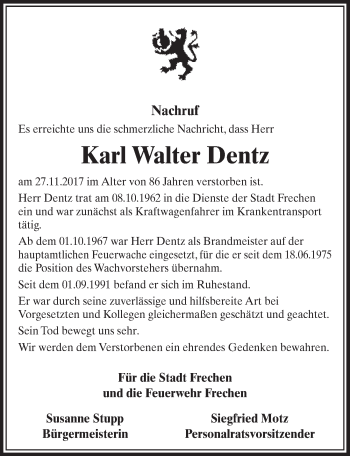 Anzeige von Karl Walter Dentz von  Sonntags-Post 