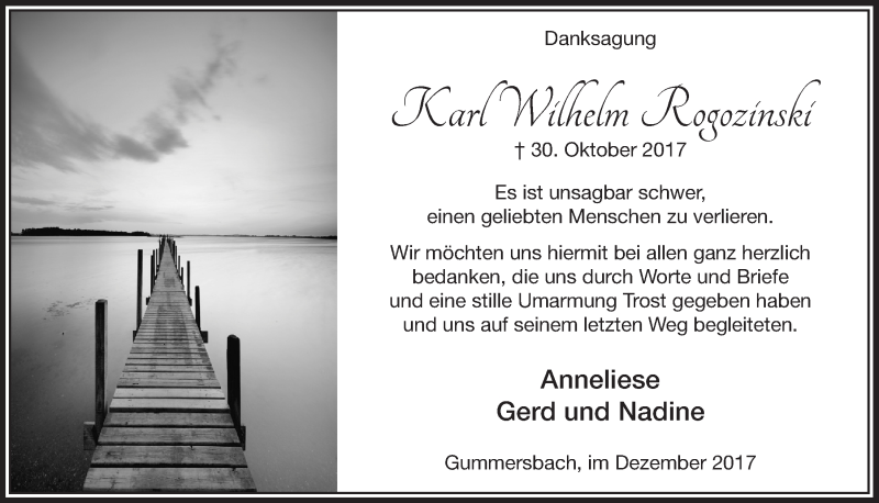 Traueranzeige für Karl Wilhelm Rogozinski vom 20.12.2017 aus  Anzeigen Echo 