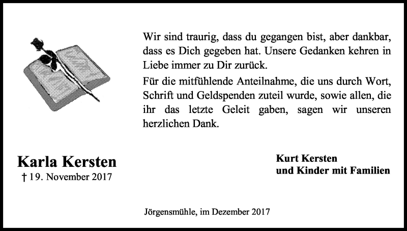  Traueranzeige für Karla Kersten vom 30.12.2017 aus Kölner Stadt-Anzeiger / Kölnische Rundschau / Express