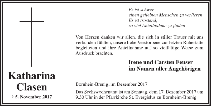  Traueranzeige für Katharina Clasen vom 06.12.2017 aus  Schaufenster/Blickpunkt 