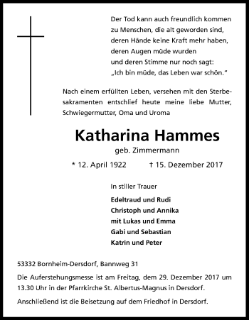 Anzeige von Katharina Hammes von Kölner Stadt-Anzeiger / Kölnische Rundschau / Express