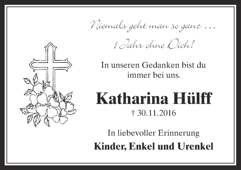 Traueranzeige für Katharina Hülff vom 02.12.2017 aus  Sonntags-Post 