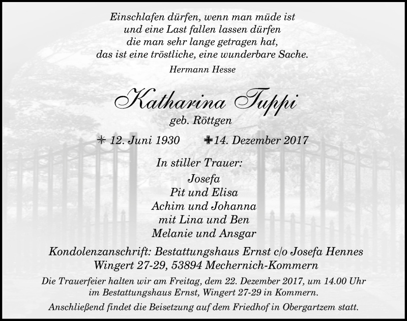  Traueranzeige für Katharina Juppi vom 16.12.2017 aus  Blickpunkt Euskirchen 