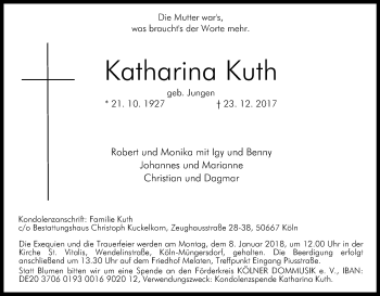 Anzeige von Katharina Kuth von Kölner Stadt-Anzeiger / Kölnische Rundschau / Express