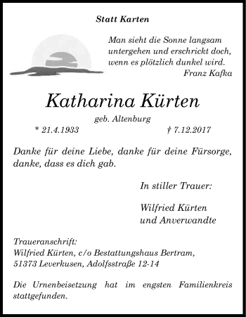 Anzeige von Katharina Kürten von Kölner Stadt-Anzeiger / Kölnische Rundschau / Express