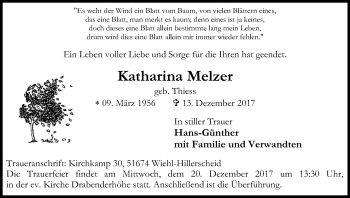 Anzeige von Katharina Melzer von Kölner Stadt-Anzeiger / Kölnische Rundschau / Express