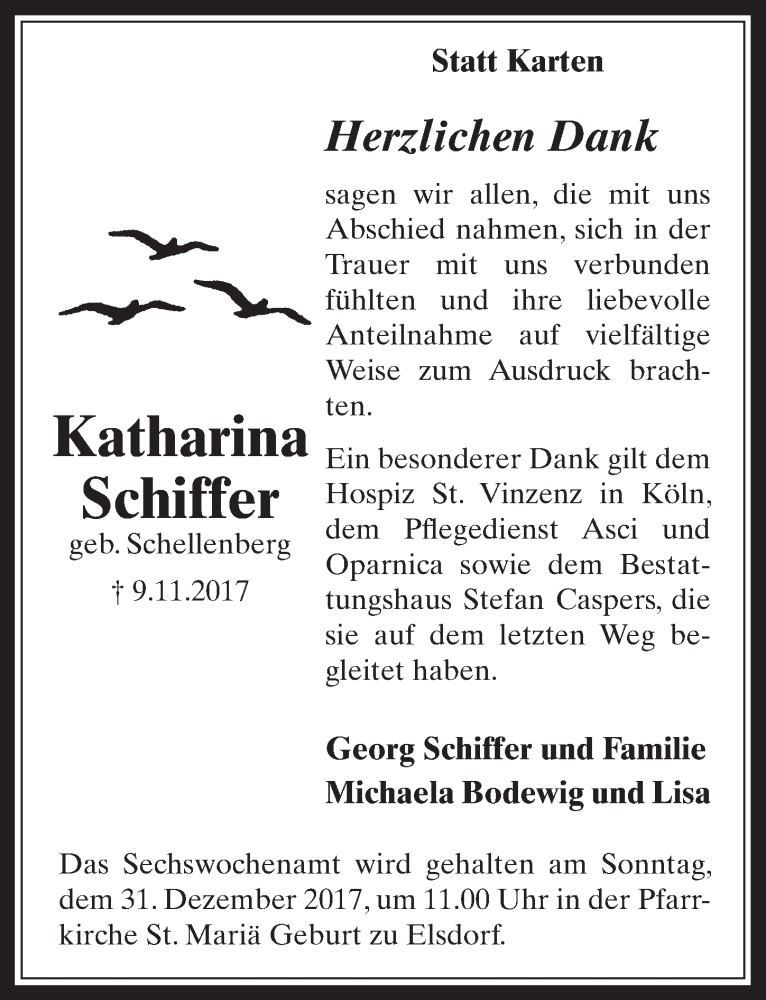  Traueranzeige für Katharina Schiffer vom 28.12.2017 aus  Werbepost 