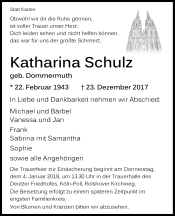 Anzeige von Katharina Schulz von Kölner Stadt-Anzeiger / Kölnische Rundschau / Express