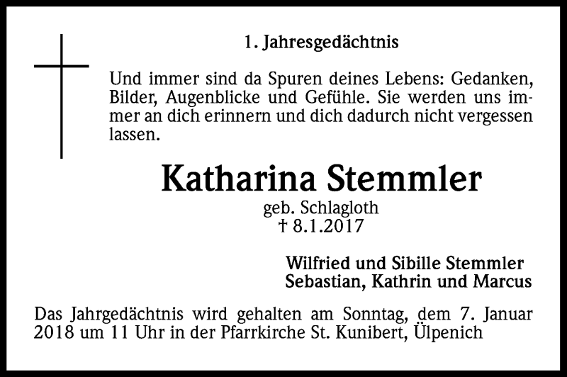  Traueranzeige für Katharina Stemmler vom 30.12.2017 aus Kölner Stadt-Anzeiger / Kölnische Rundschau / Express