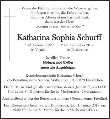 Anzeige von Katharina Sophia Schurff von  Blickpunkt Euskirchen 
