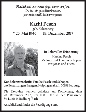 Anzeige von Kathi Pesch von  Sonntags-Post 