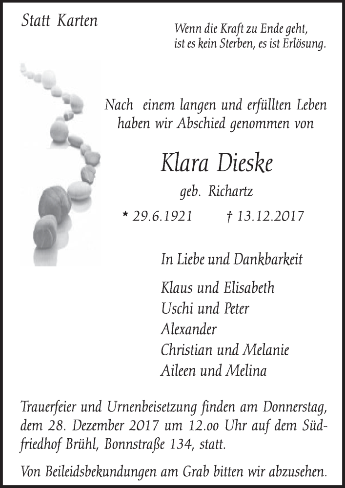  Traueranzeige für Klara Dieske vom 20.12.2017 aus  Schlossbote/Werbekurier 