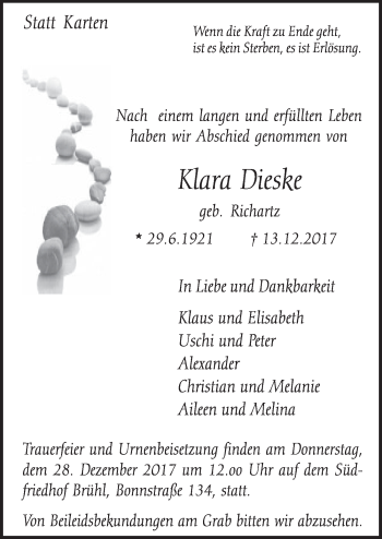 Anzeige von Klara Dieske von  Schlossbote/Werbekurier 