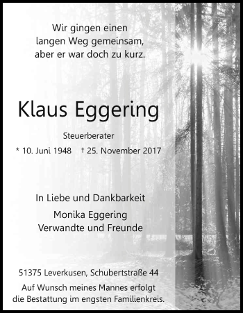 Anzeige von Klaus Eggering von Kölner Stadt-Anzeiger / Kölnische Rundschau / Express