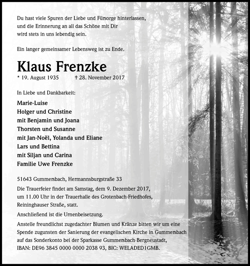  Traueranzeige für Klaus Frenzke vom 02.12.2017 aus Kölner Stadt-Anzeiger / Kölnische Rundschau / Express