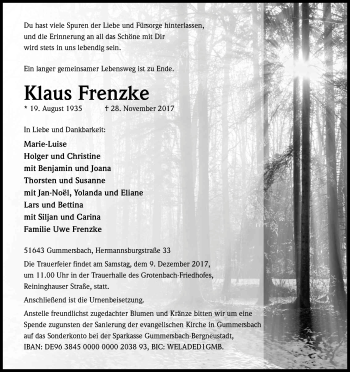Anzeige von Klaus Frenzke von Kölner Stadt-Anzeiger / Kölnische Rundschau / Express