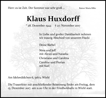 Anzeige von Klaus Huxdorff von Kölner Stadt-Anzeiger / Kölnische Rundschau / Express