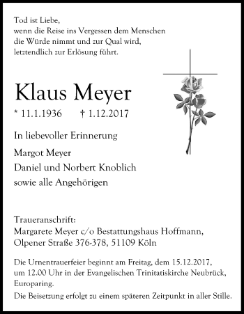 Anzeige von Klaus Meyer von Kölner Stadt-Anzeiger / Kölnische Rundschau / Express