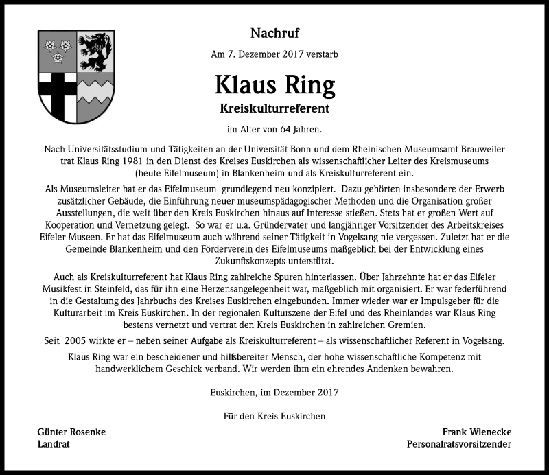  Traueranzeige für Klaus Ring vom 15.12.2017 aus Kölner Stadt-Anzeiger / Kölnische Rundschau / Express