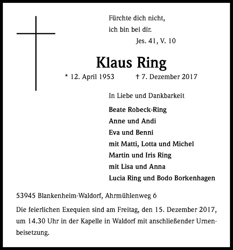  Traueranzeige für Klaus Ring vom 12.12.2017 aus Kölner Stadt-Anzeiger / Kölnische Rundschau / Express