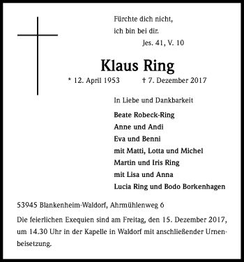 Anzeige von Klaus Ring von Kölner Stadt-Anzeiger / Kölnische Rundschau / Express