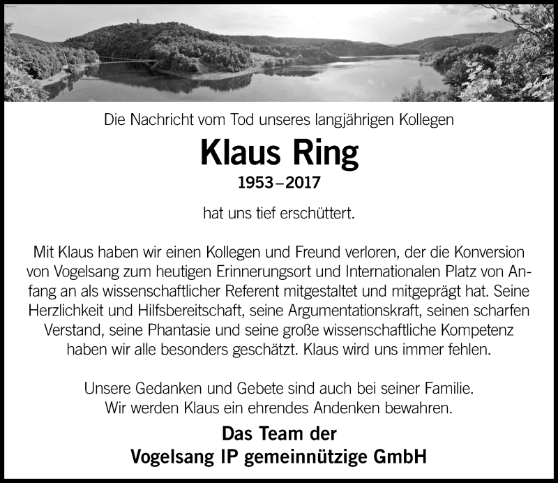  Traueranzeige für Klaus Ring vom 15.12.2017 aus Kölner Stadt-Anzeiger / Kölnische Rundschau / Express