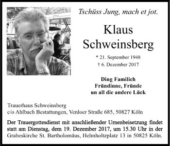 Anzeige von Klaus Schweinsberg von Kölner Stadt-Anzeiger / Kölnische Rundschau / Express