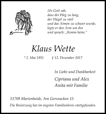 Anzeige von Klaus Wette von Kölner Stadt-Anzeiger / Kölnische Rundschau / Express