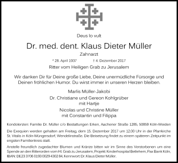 Anzeige von Klaus Dieter Müller von Kölner Stadt-Anzeiger / Kölnische Rundschau / Express