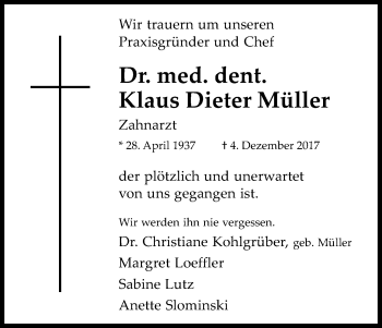 Anzeige von Klaus Dieter Müller von Kölner Stadt-Anzeiger / Kölnische Rundschau / Express