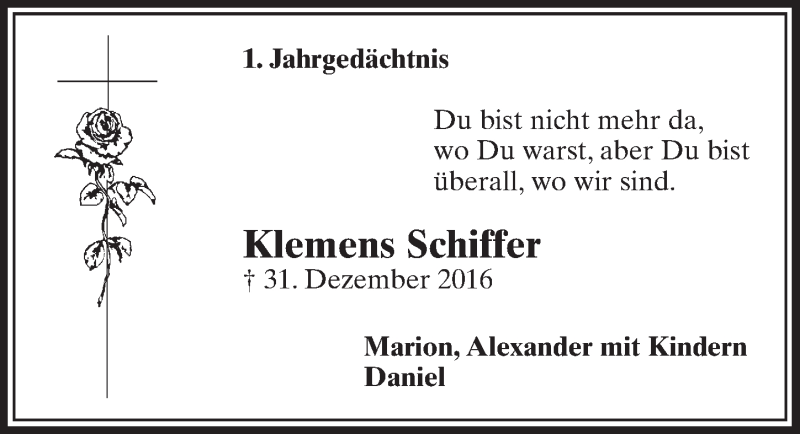  Traueranzeige für Klemens Schiffer vom 30.12.2017 aus  Sonntags-Post 