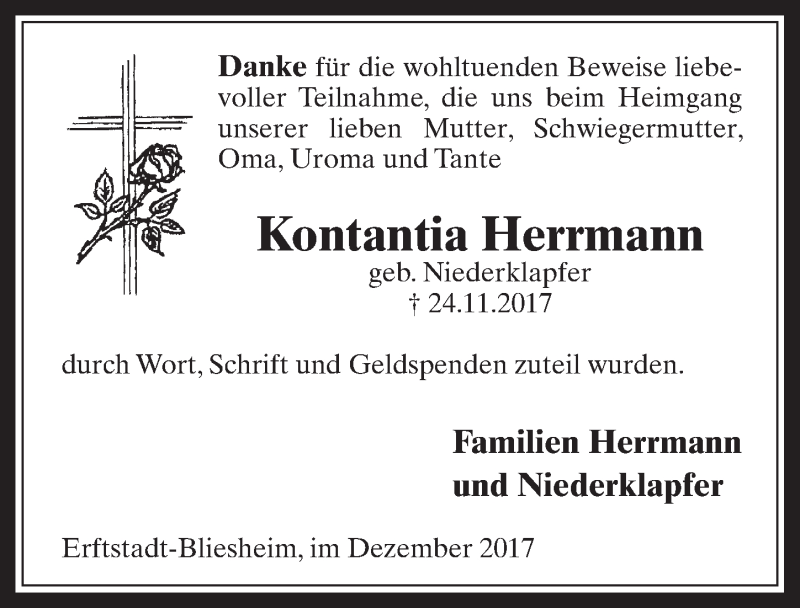  Traueranzeige für Kontantia Herrmann vom 13.12.2017 aus  Werbepost 