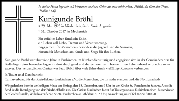 Anzeige von Kunigunde Bröhl von Kölner Stadt-Anzeiger / Kölnische Rundschau / Express