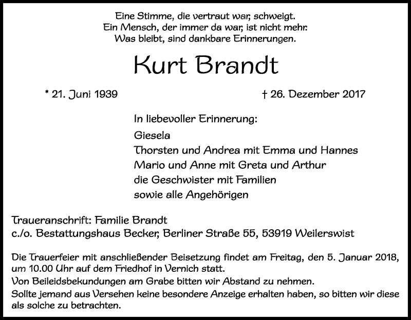  Traueranzeige für Kurt Brandt vom 30.12.2017 aus Kölner Stadt-Anzeiger / Kölnische Rundschau / Express