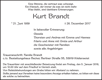 Anzeige von Kurt Brandt von  Blickpunkt Euskirchen 