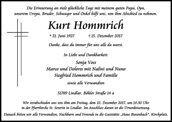 Anzeige von Kurt Hommrich von Kölner Stadt-Anzeiger / Kölnische Rundschau / Express