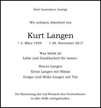 Anzeige von Kurt Langen von Kölner Stadt-Anzeiger / Kölnische Rundschau / Express