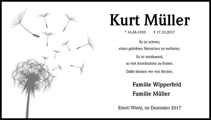  Traueranzeige für Kurt Müller vom 02.12.2017 aus Kölner Stadt-Anzeiger / Kölnische Rundschau / Express